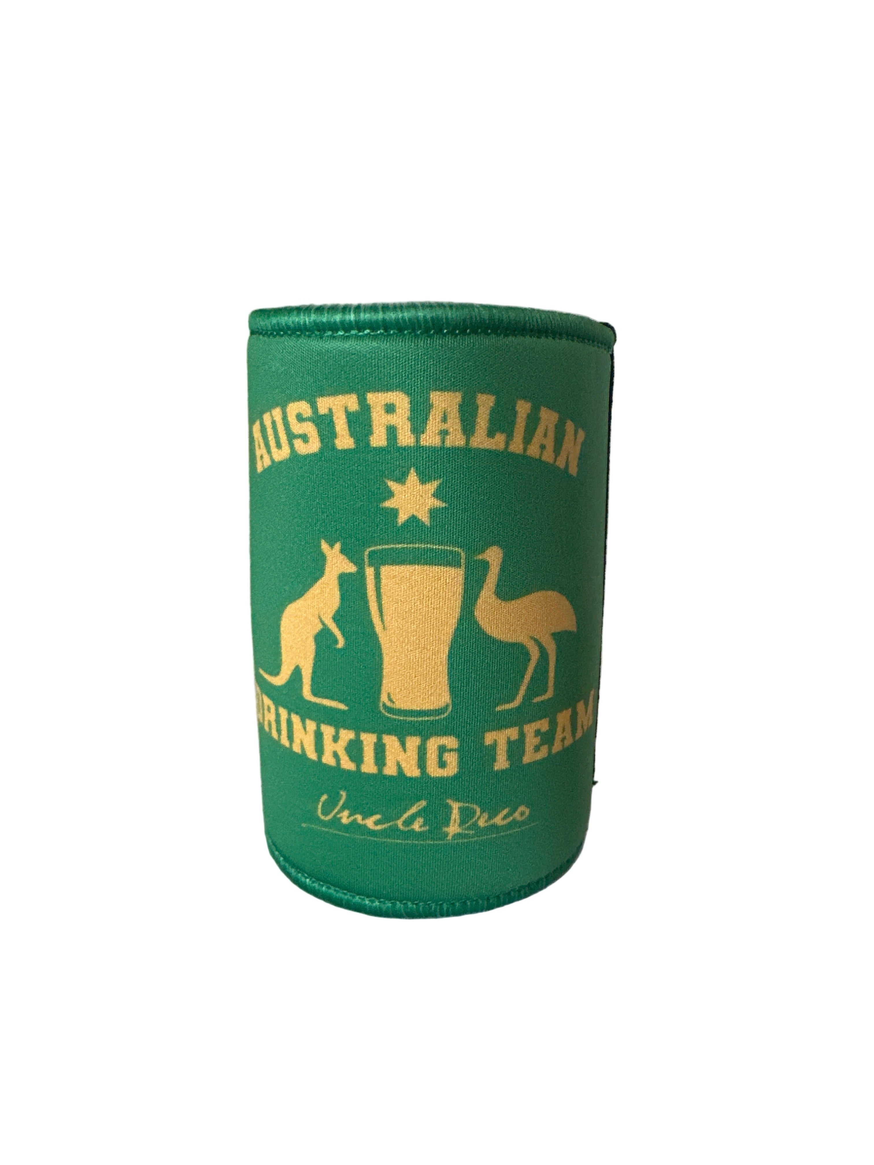 Green 'Ausralian drinking team' stubby holder cooler with yellow text.